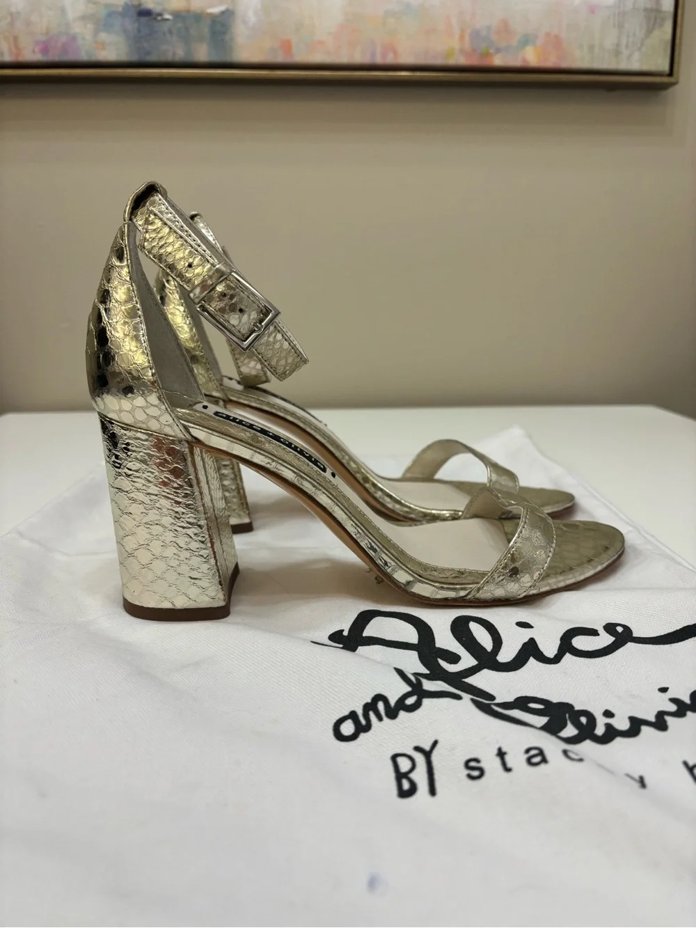 🌟 Alice + Olivia Gold Snake-Embossed Ankle Strap Sandals - NWT
